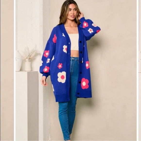 Floral Blue Cardigan Sweater - Picture 4 of 4